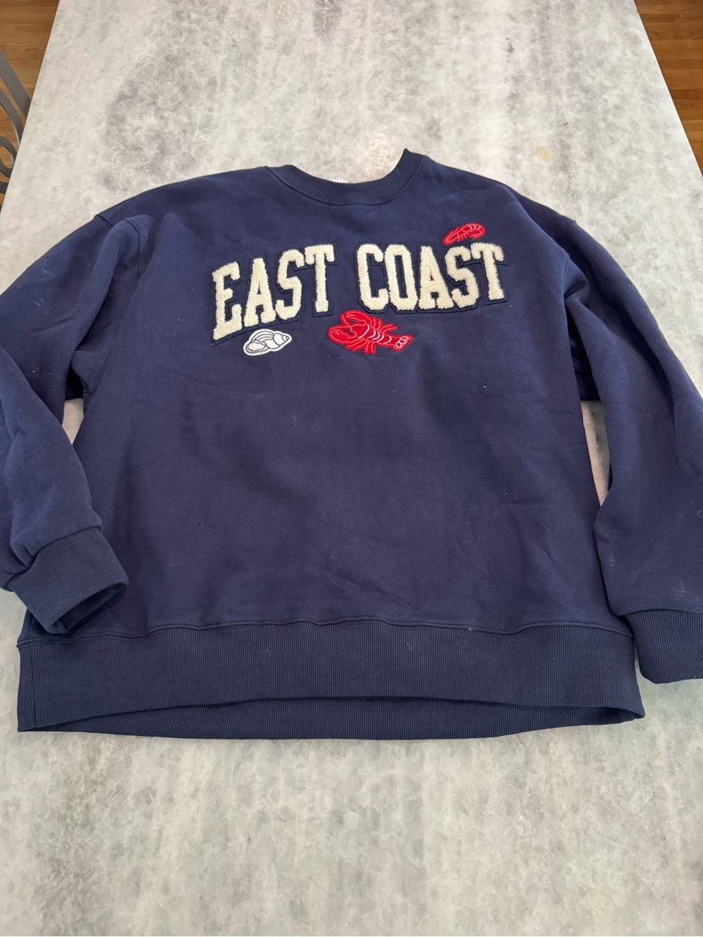 Navy 'East Coast' Crewneck Sweatshirt with Chenille Lettering and Lobster detail